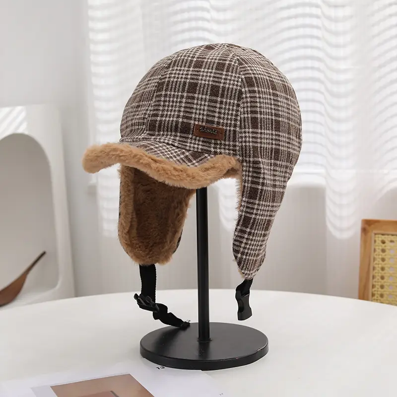 Winter Plaid Fleece Ear Cap for Women Warm - Image 2