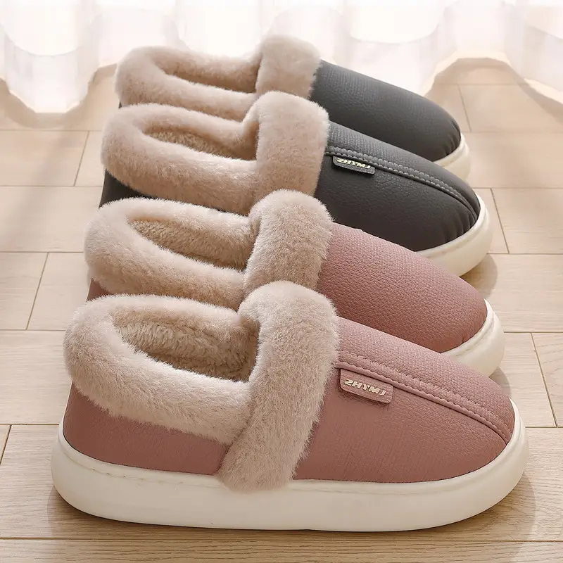 Pu Cotton Slippers for Women in Winter, with Plush Lining, Warm, Non-Slip, Waterproof, Men's Fleece-Lined Indoor Home Cotton Slippers for Men - Image 7