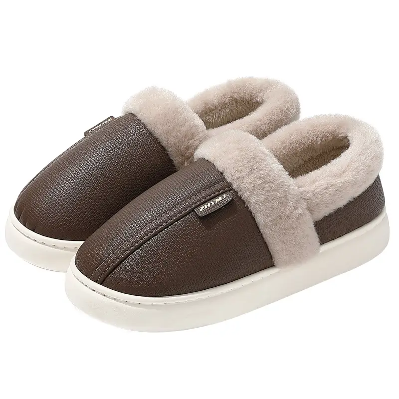 Pu Cotton Slippers for Women in Winter, with Plush Lining, Warm, Non-Slip, Waterproof, Men's Fleece-Lined Indoor Home Cotton Slippers for Men - Image 8