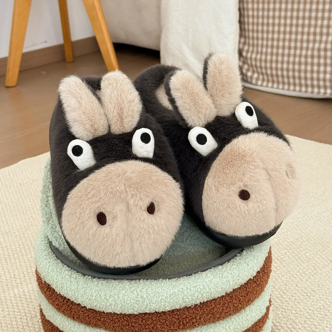 Cartoon Cotton Slippers for Women in Winter, Home Use, Fleece-Lined, Warm, Couple's Indoor Cute Donkey Non-Slip Furry Slippers for Men in Winter - Image 6