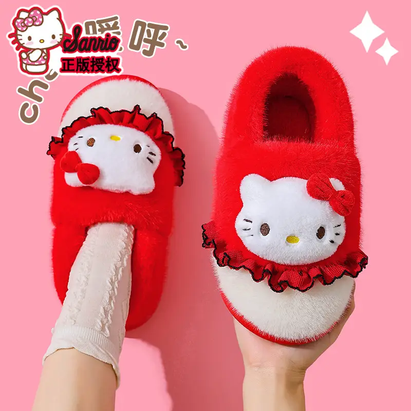 Sanrio Hello Kitty Red Velvet Slippers Women Warm Plus