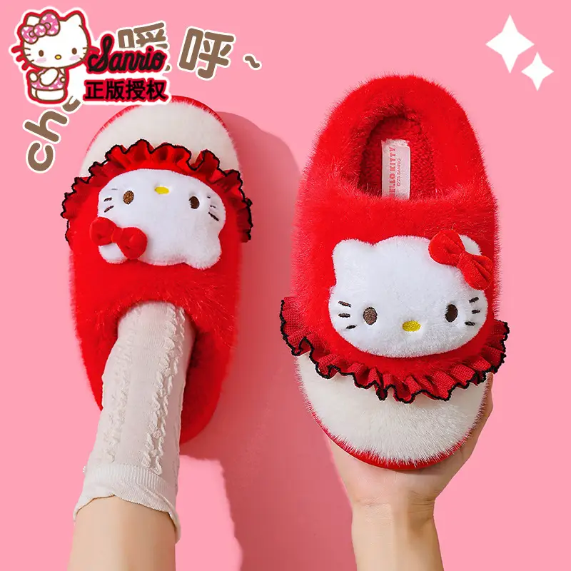 Sanrio Hello Kitty Red Velvet Slippers Women Warm Plus