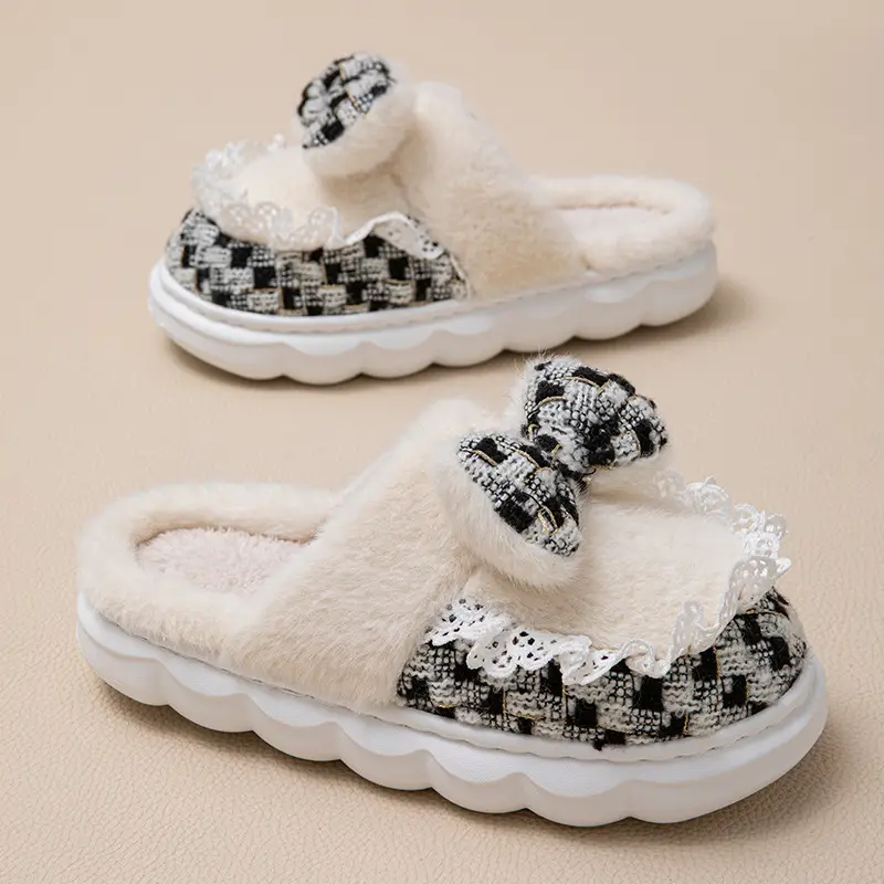 New Style Women's Pink Velvet Bow Slippers for Winter - Image 5