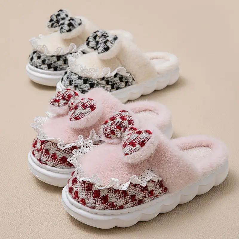New Style Women's Pink Velvet Bow Slippers for Winter - Image 7