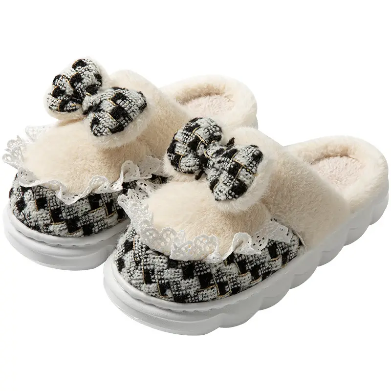 New Style Women's Pink Velvet Bow Slippers for Winter - Image 8
