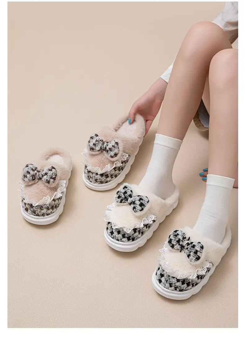 New Style Women's Pink Velvet Bow Slippers for Winter — feature 11