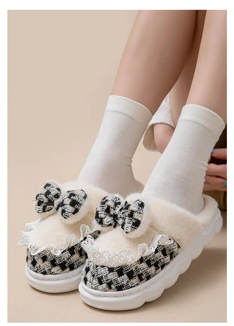 New Style Women's Pink Velvet Bow Slippers for Winter — feature 12