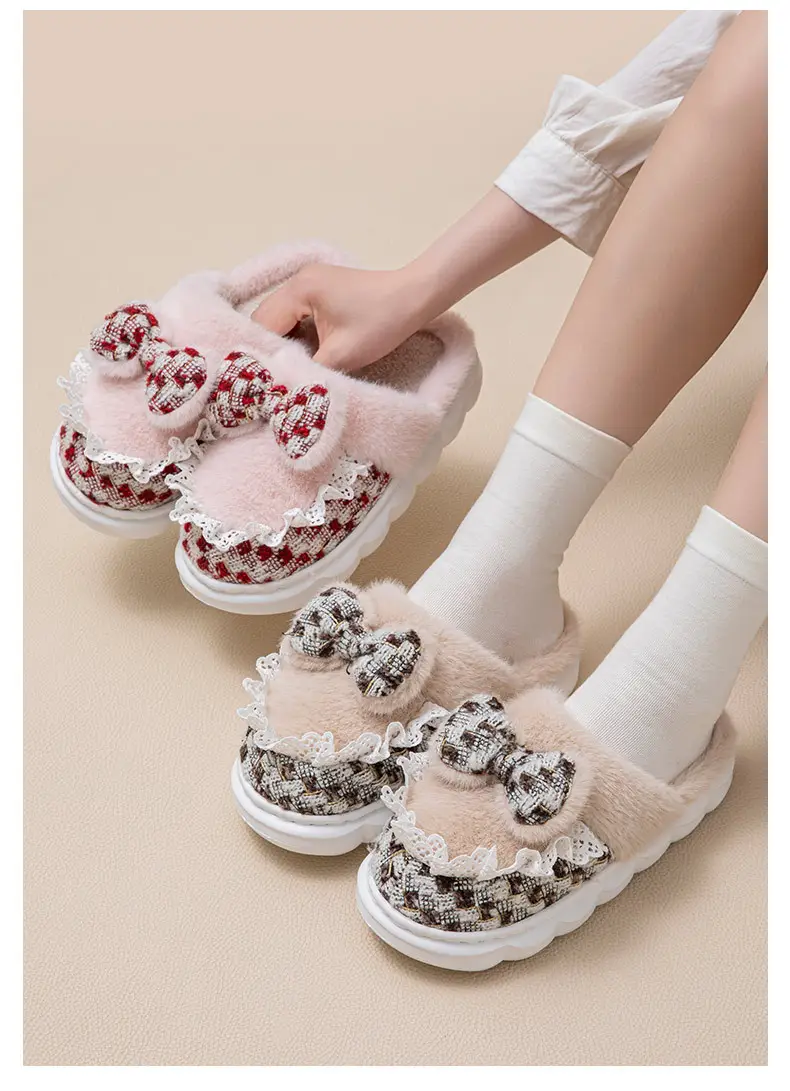New Style Women's Pink Velvet Bow Slippers for Winter — feature 13