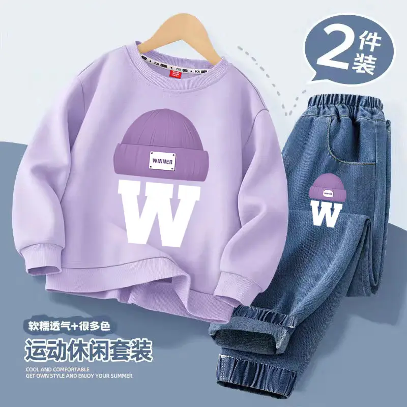 Girls Casual Spring & Fall Style Sweatshirt Jeans Suit Kidsren Girls New Korean Style Cartoon Versatile Two-Piece Set