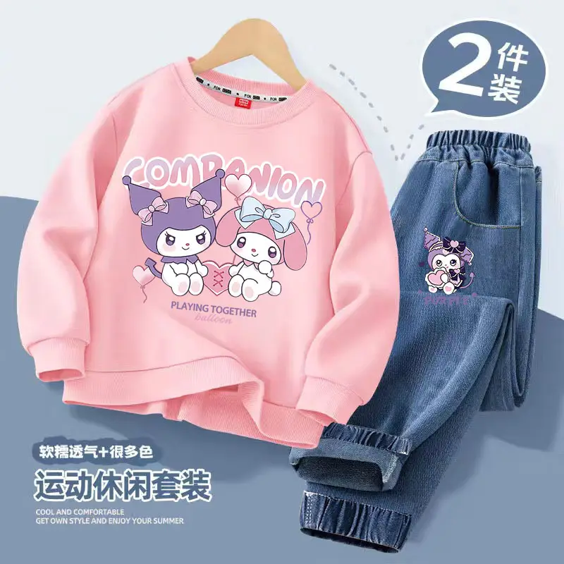 Girls Casual Spring & Fall Style Sweatshirt Jeans Suit Kidsren Girls New Korean Style Cartoon Versatile Two-Piece Set