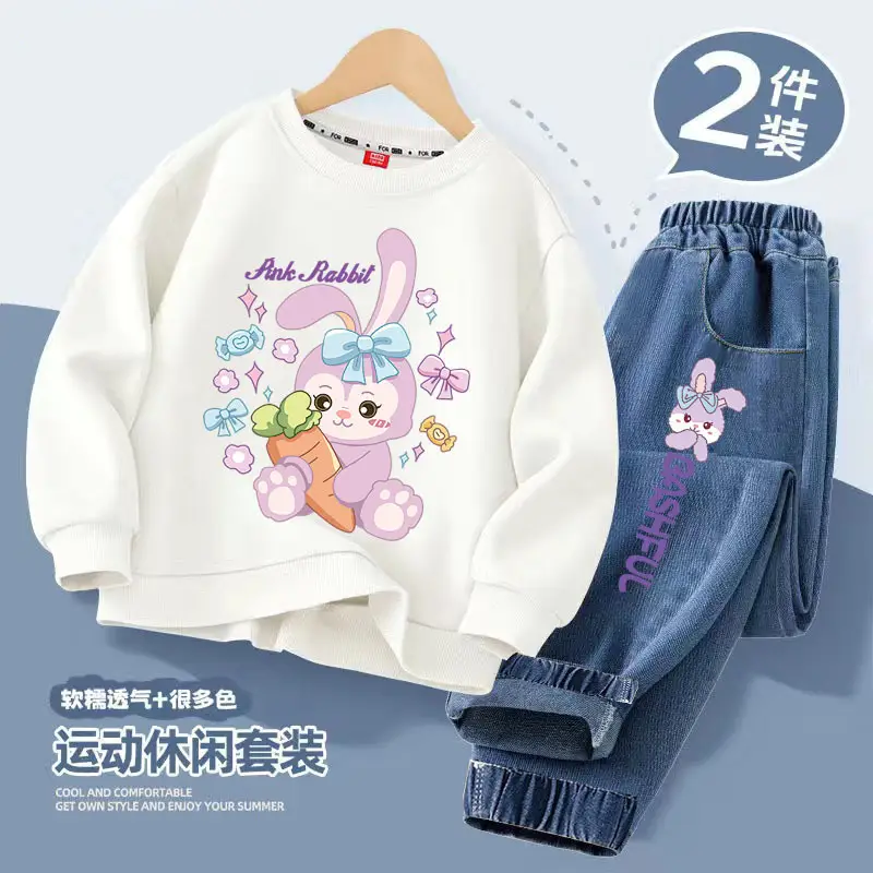 Girls Casual Spring & Fall Style Sweatshirt Jeans Suit Kidsren Girls New Korean Style Cartoon Versatile Two-Piece Set