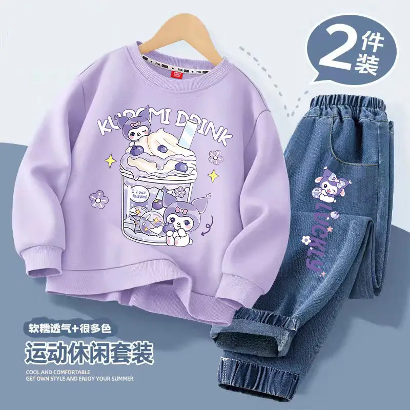 Girls Casual Spring & Fall Style Sweatshirt Jeans Suit Kidsren Girls New Korean Style Cartoon Versatile Two-Piece Set