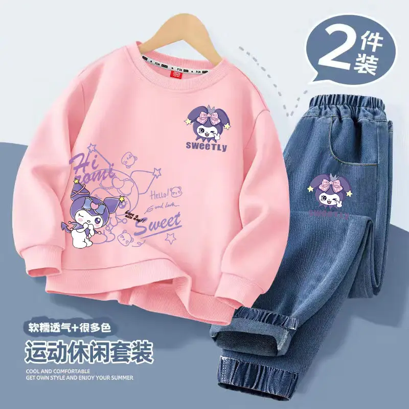 Girls Casual Spring & Fall Style Sweatshirt Jeans Suit Kidsren Girls New Korean Style Cartoon Versatile Two-Piece Set