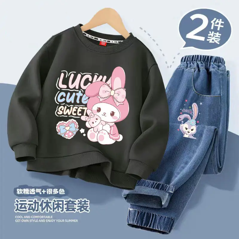 Girls Casual Spring & Fall Style Sweatshirt Jeans Suit Kidsren Girls New Korean Style Cartoon Versatile Two-Piece Set