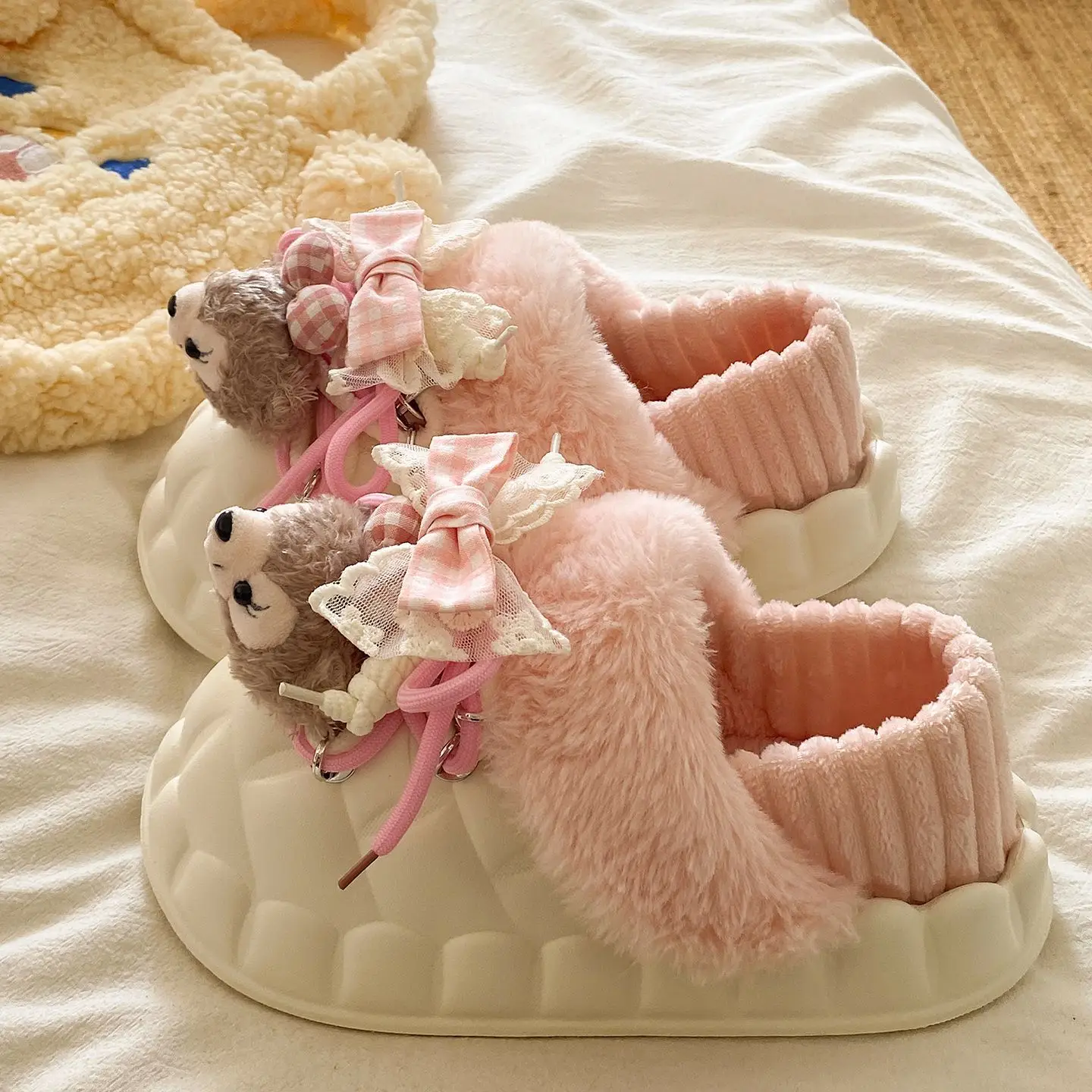 Winter Furry Croc Shoes for Women with Bow Decor - Image 9