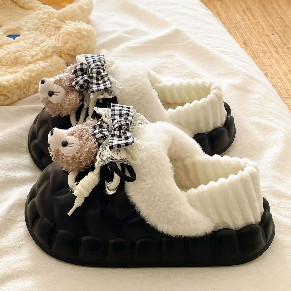 Winter Furry Croc Shoes for Women with Bow Decor — feature 44