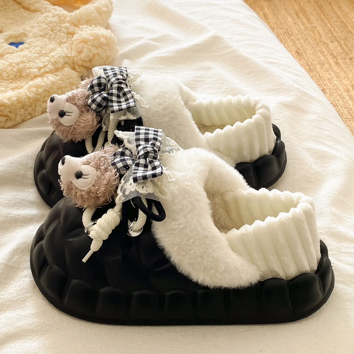 Winter Furry Croc Shoes for Women with Bow Decor - Image 2