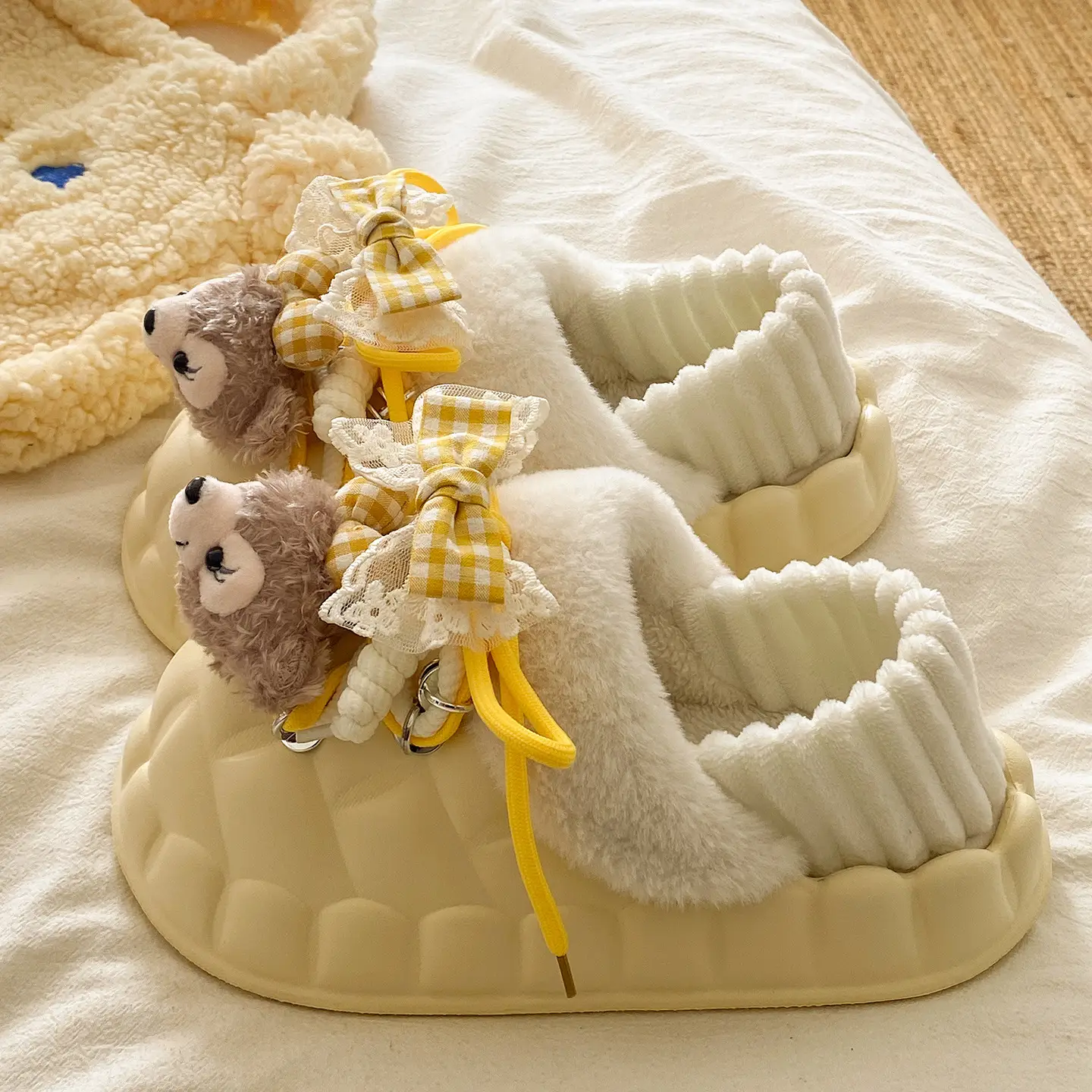Winter Furry Croc Shoes for Women with Bow Decor - Image 3