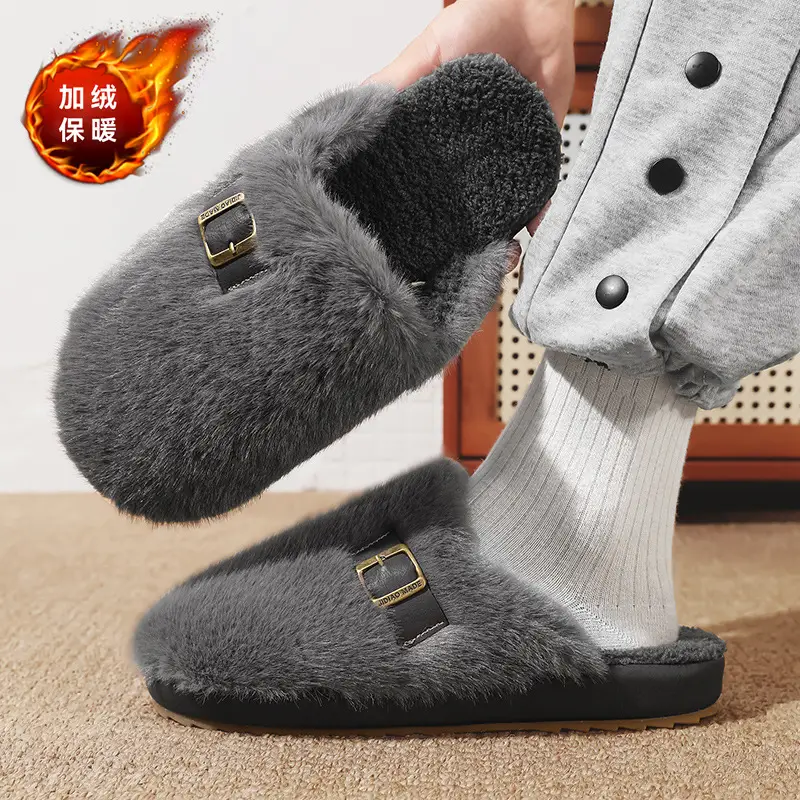 Korean Style Ins Simple Retro Furry Shoes Men's Winter Velvet Warm Cotton Shoes Casual Home Baotou Cotton Slippers - Image 5