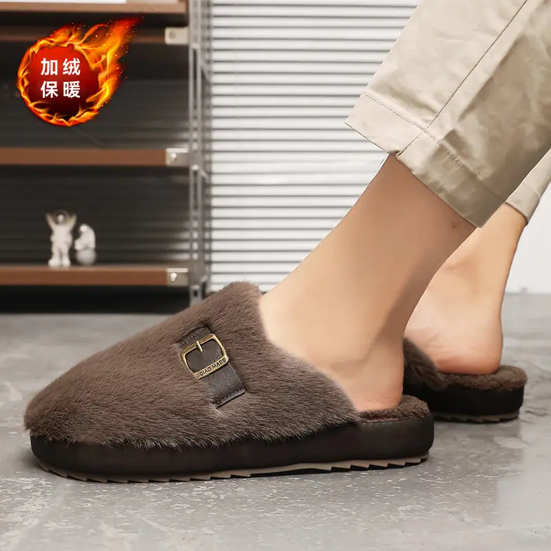 Korean Style Ins Simple Retro Furry Shoes Men's Winter Velvet Warm Cotton Shoes Casual Home Baotou Cotton Slippers - Image 6