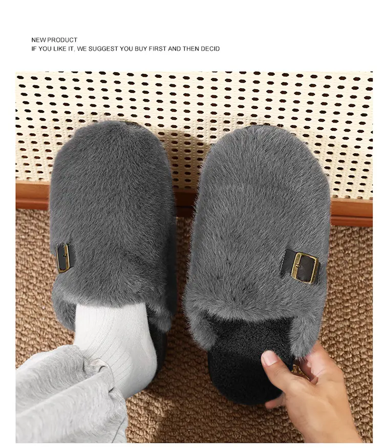 Korean Style Ins Simple Retro Furry Shoes Men's Winter Velvet Warm Cotton Shoes Casual Home Baotou Cotton Slippers — feature 17