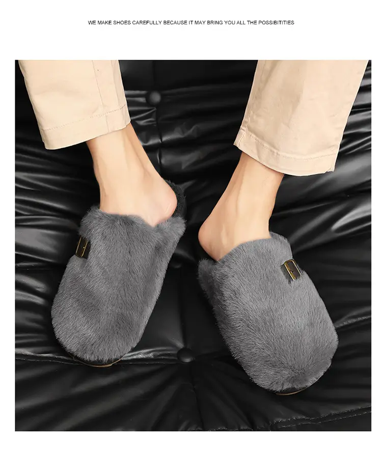 Korean Style Ins Simple Retro Furry Shoes Men's Winter Velvet Warm Cotton Shoes Casual Home Baotou Cotton Slippers — feature 18