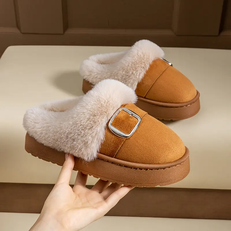 Autumn and Winter High-End Birkenstock-Style Cotton Slippers for Women, Fashionable Outdoor Wear, Thick-Soled Cotton Slippers with Plush Lining for Home Indoor Warmth