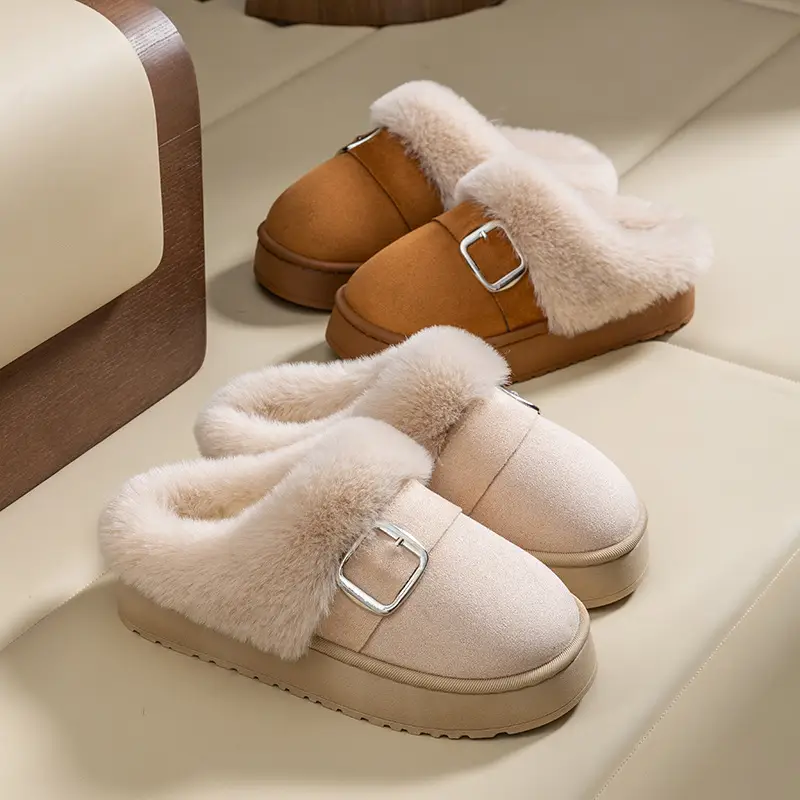 Autumn and Winter High-End Birkenstock-Style Cotton Slippers for Women, Fashionable Outdoor Wear, Thick-Soled Cotton Slippers with Plush Lining for Home Indoor Warmth