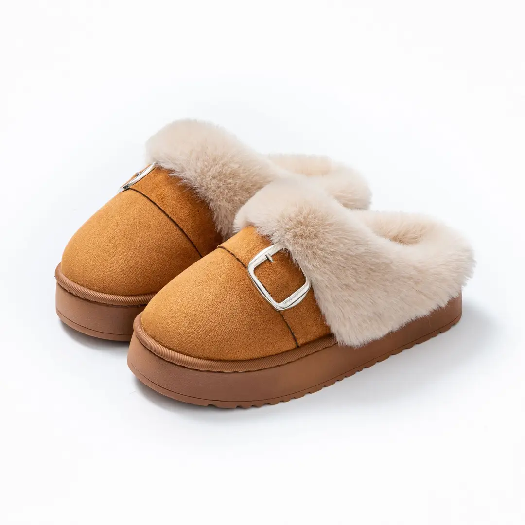 Autumn and Winter High-End Birkenstock-Style Cotton Slippers for Women, Fashionable Outdoor Wear, Thick-Soled Cotton Slippers with Plush Lining for Home Indoor Warmth