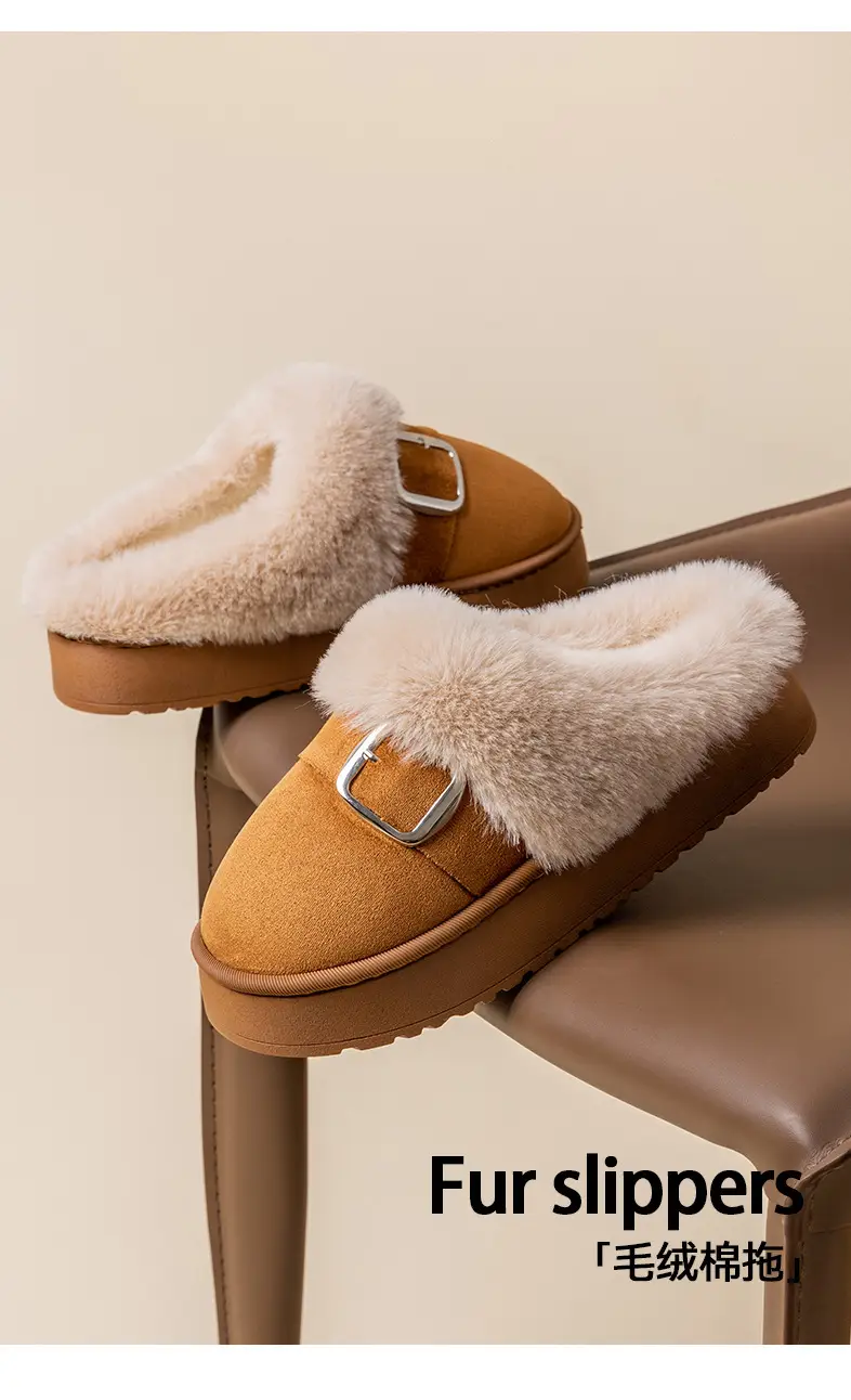 Autumn and Winter High-End Birkenstock-Style Cotton Slippers for Women, Fashionable Outdoor Wear, Thick-Soled Cotton Slippers with Plush Lining for Home Indoor Warmth — feature 2