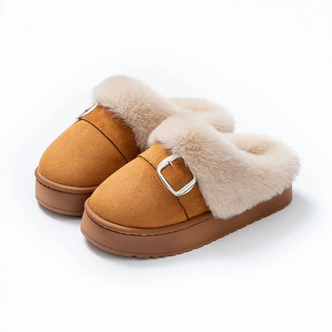 Autumn and Winter High-End Birkenstock-Style Cotton Slippers for Women, Fashionable Outdoor Wear, Thick-Soled Cotton Slippers with Plush Lining for Home Indoor Warmth