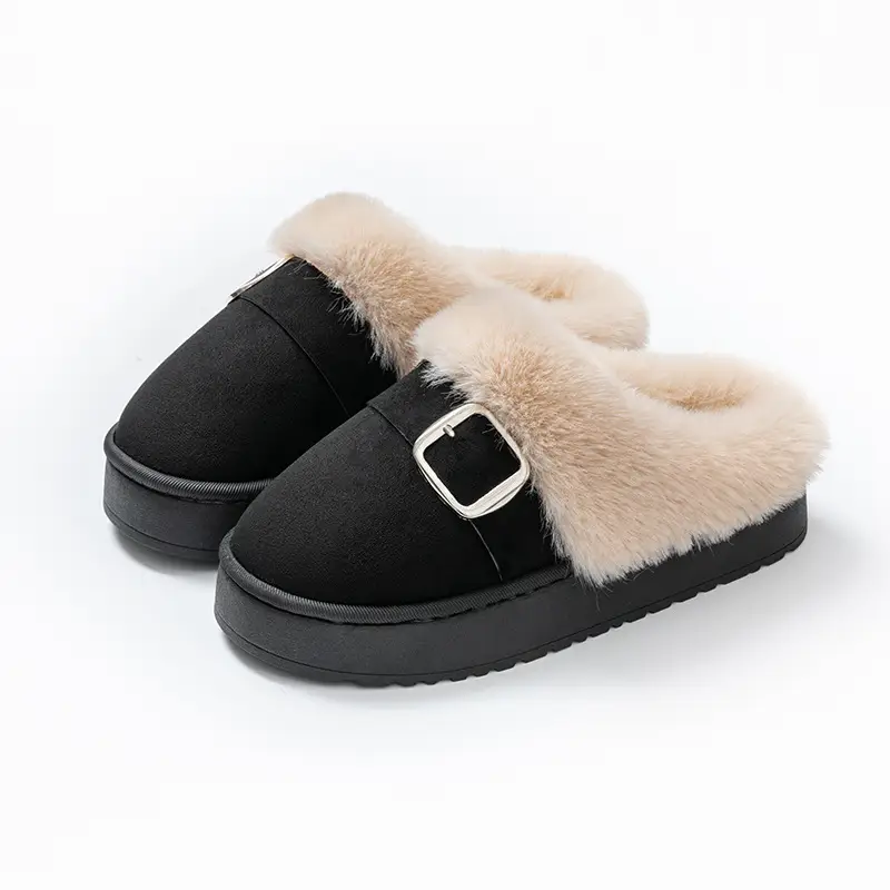 Autumn and Winter High-End Birkenstock-Style Cotton Slippers for Women, Fashionable Outdoor Wear, Thick-Soled Cotton Slippers with Plush Lining for Home Indoor Warmth
