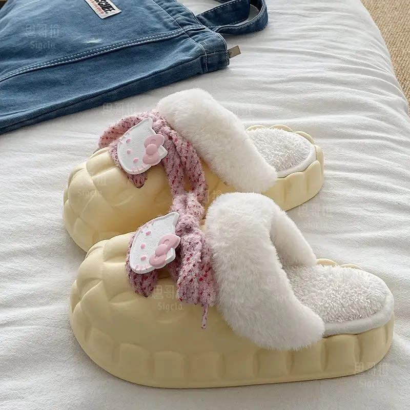 Winter Cartoon Bow Slippers for Girls White