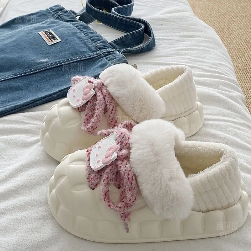 Winter Cartoon Bow Slippers for Girls White