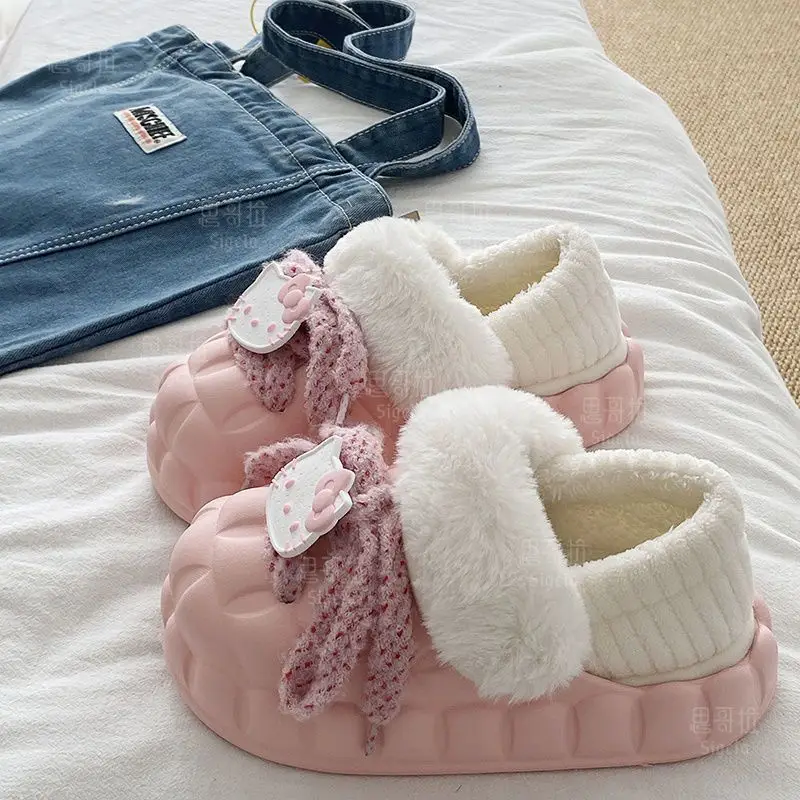 Winter Cartoon Bow Slippers for Girls White