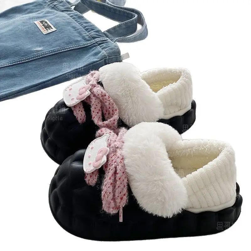 Winter Cartoon Bow Slippers for Girls White