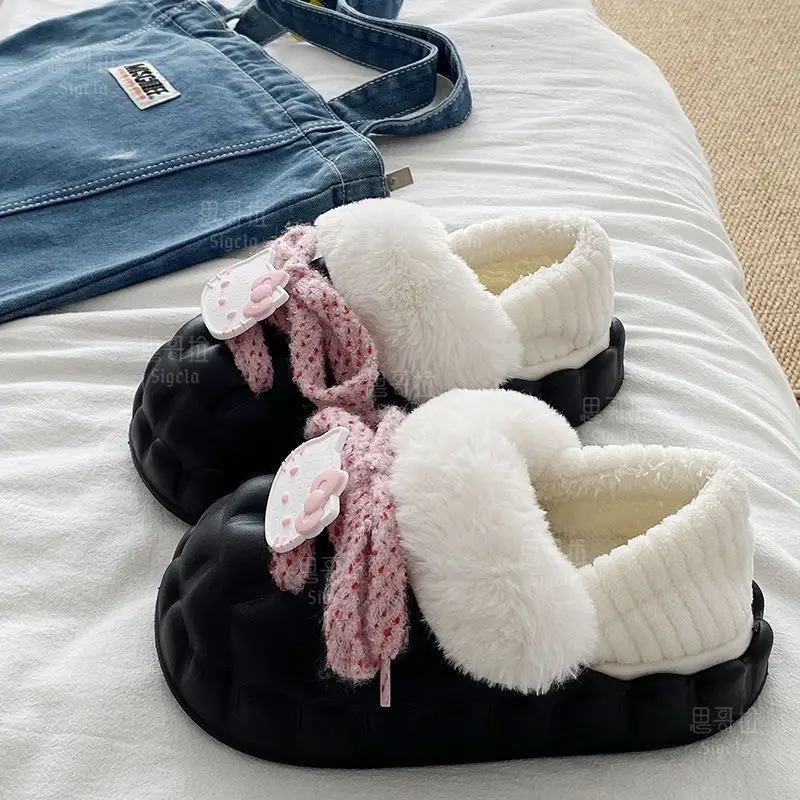 Winter Cartoon Bow Slippers for Girls White