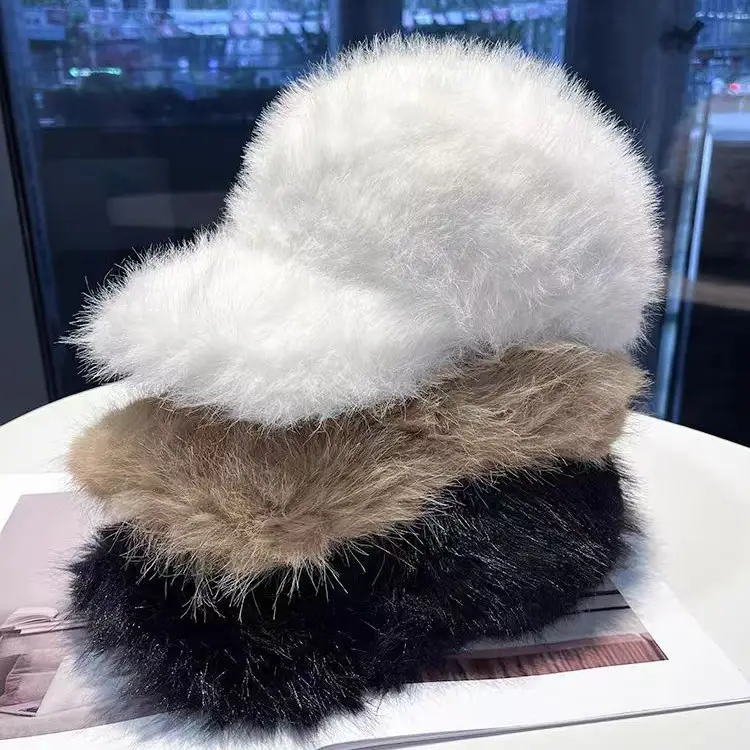 White Fox Fur Plush Duckbill Cap for Women Winter Warm