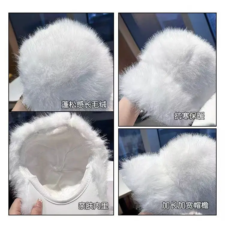 White Fox Fur Plush Duckbill Cap for Women Winter Warm