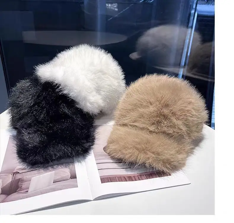 White Fox Fur Plush Duckbill Cap for Women Winter Warm — feature 2