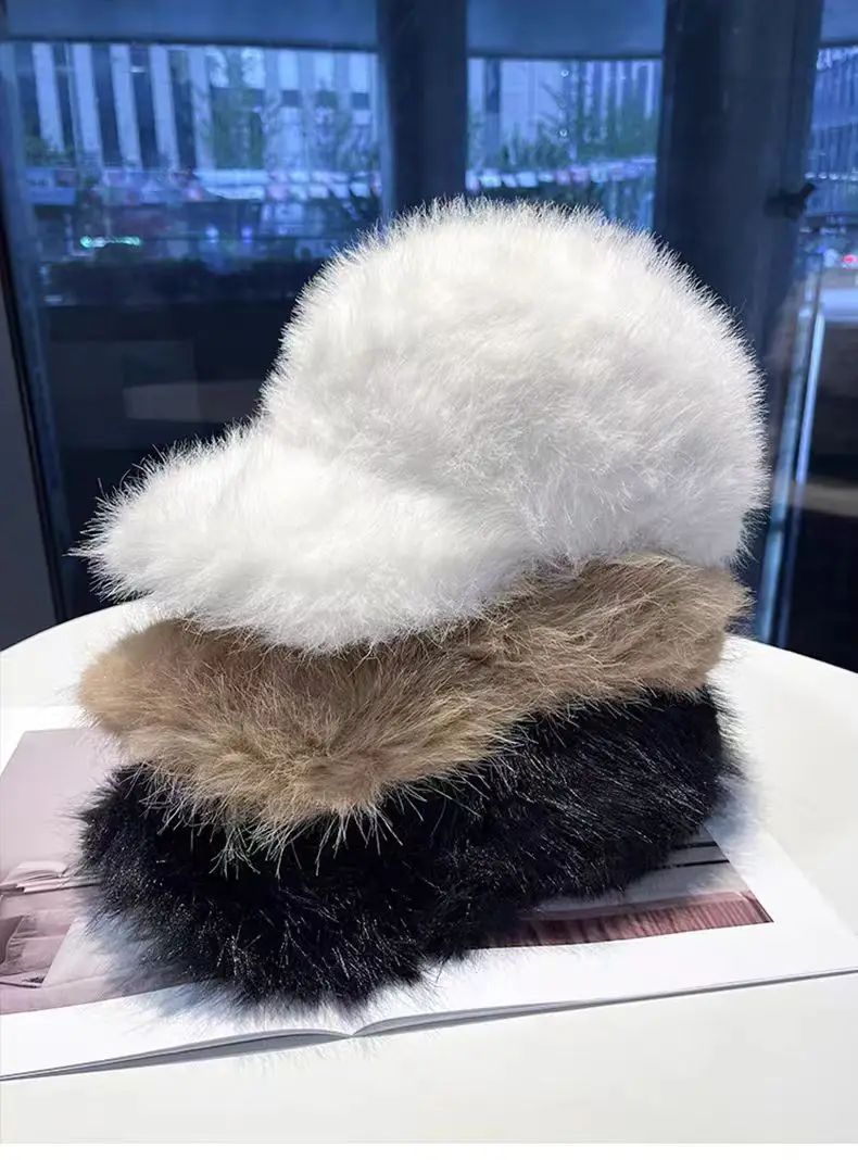 White Fox Fur Plush Duckbill Cap for Women Winter Warm — feature 3