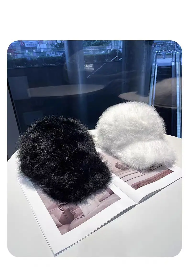 White Fox Fur Plush Duckbill Cap for Women Winter Warm — feature 4