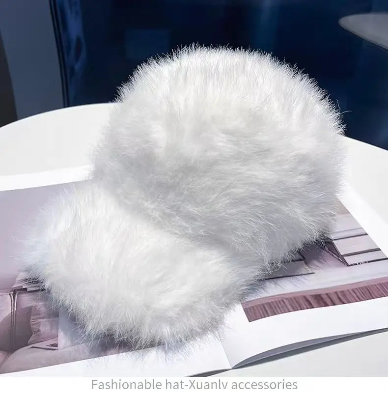 White Fox Fur Plush Duckbill Cap for Women Winter Warm — feature 7