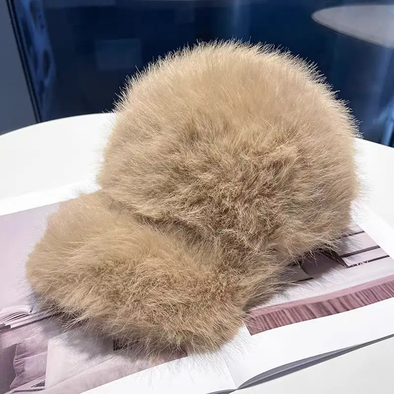 White Fox Fur Plush Duckbill Cap for Women Winter Warm
