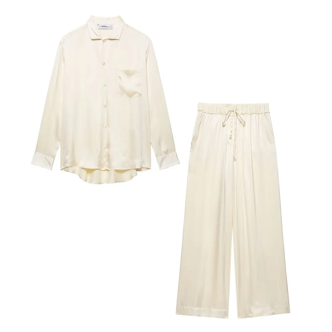 Cross-Border Wholesale Women's New European and American Style Pocket-Decorated Silk Shirt 7823147 Pajama-Style Pants 7824147