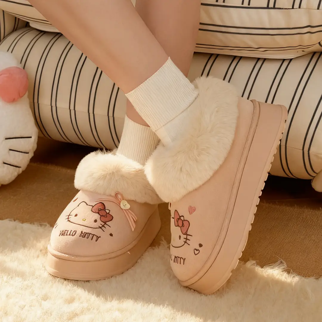 Nanbowan Genuine Hello Kitty Cotton Slippers for Women, Indoor Warm and Height-Increasing Cotton Shoes, Can Be Worn Outside, Fashionable and Versatile Shoes