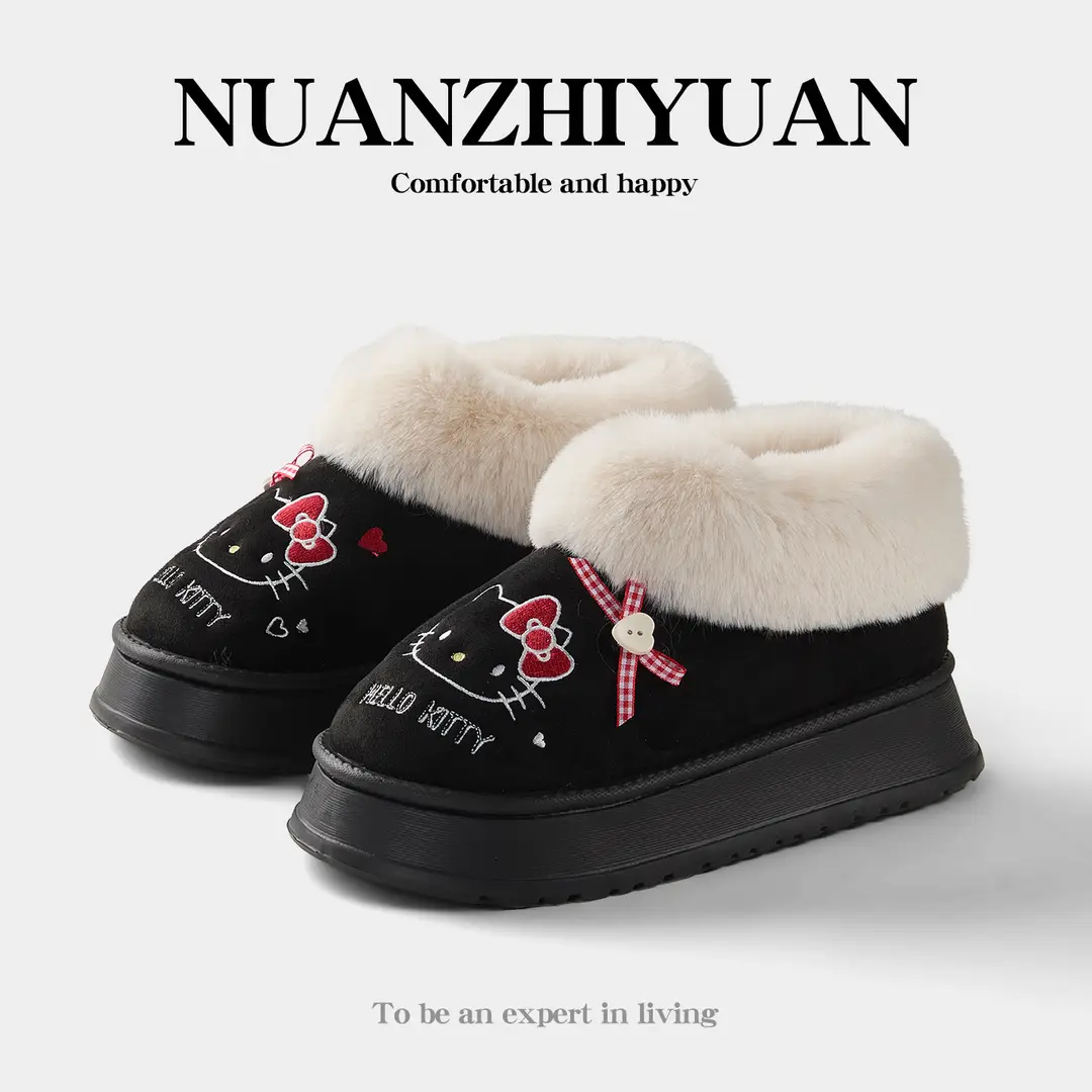 Nanbowan Genuine Hello Kitty Cotton Slippers for Women, Indoor Warm and Height-Increasing Cotton Shoes, Can Be Worn Outside, Fashionable and Versatile Shoes