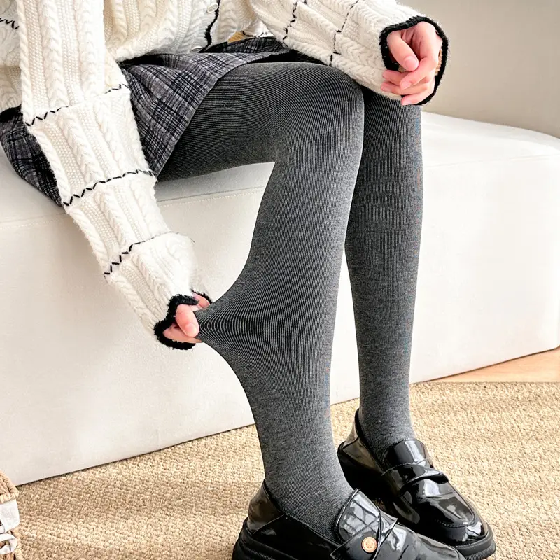 Gray Vertical Striped Leggings for Women, Autumn and Winter, Fleece-Lined, Thickened, Warm Cotton Pants, Slimming Tights