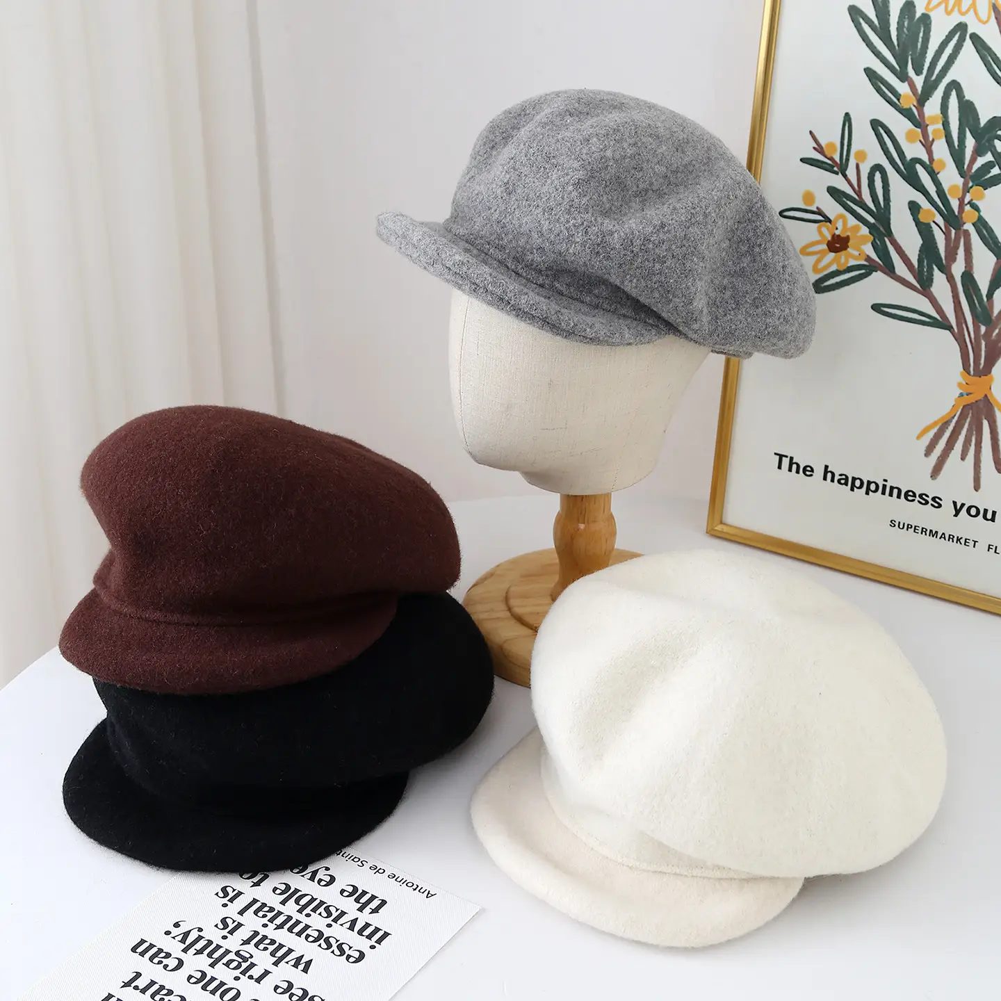 Autumn Woolen Newsboy Hat Gray Japanese Style — feature 1