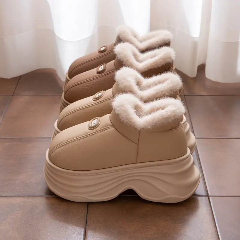 Women's Winter Cotton Slippers with Thick Soles, Waterproof Indoor Home Cotton Shoes, Pu Couple's Home Warm Plush Slippers, Non-Slip for Home Use - Image 5